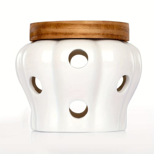TEMU White Ceramic Garlic Storage Jar With Bamboo Lid, Ventilated , Kitchen Garlic, Ginger Storage And Organization | Rustic Kitchen Decor
