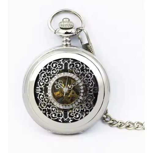 Infinity Leather Unisex Antique Brass Silver Alloy Skeleton Half Hunter Pocket Watch - One