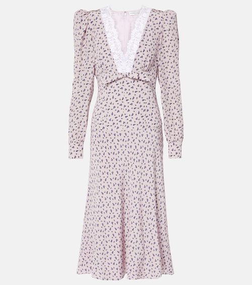 Floral lace-trimmed silk midi dress
