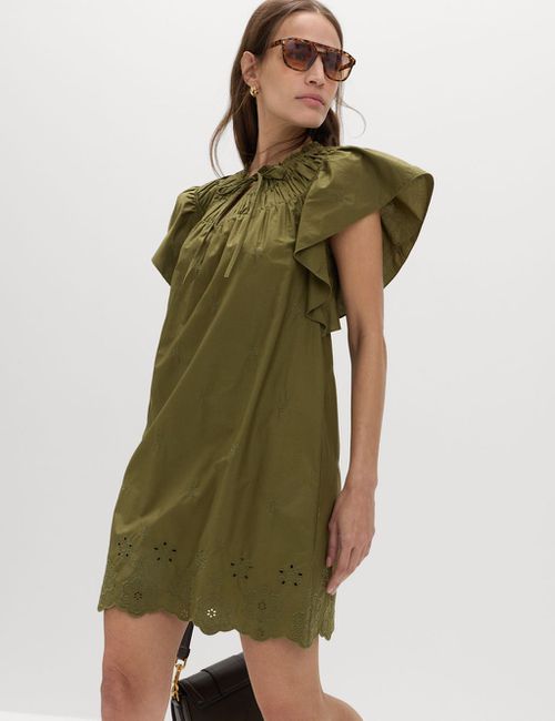 M&S Pure Cotton Embroidered Mini Smock Dress - 6 - Dark Green, Dark Green