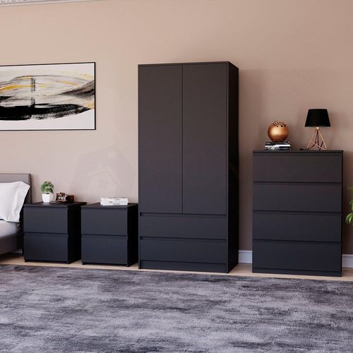 Vida Designs Denver 4 Pcs Bedroom Set (2 Drawer Large Bedside Chest x 2, 4 Drawer Chest, 2 Door 2 Drawer Wardrobe) Bedroom Furniture