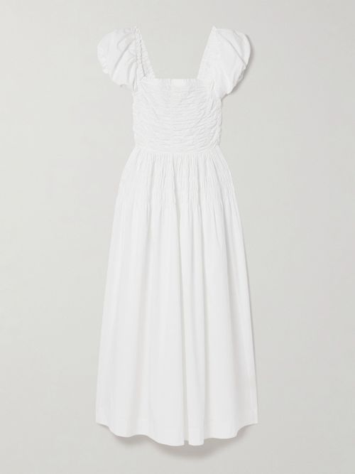 Katherina Shirred Cotton-voile Midi Dress - White