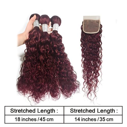 TEMU Burgundy 99j Water Wave Human Hair Extensions, 3 Bundles With 4*4 Lace Closure, Brazilian Wet And Wavy Colored Hair, Women's Ocean Wave