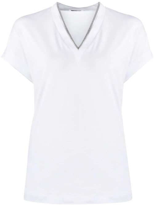 Silvery Trim V-Neck T-Shirt — White