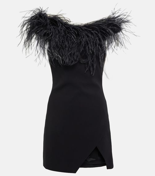 Feather-trimmed off-shoulder minidress