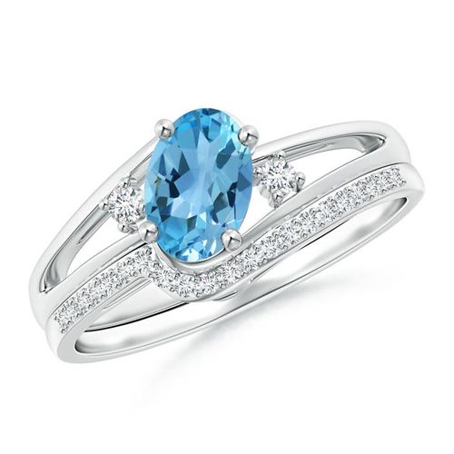 Angara 0.95 Carat Oval Swiss Blue Topaz and Diamond Bridal Set in Platinum