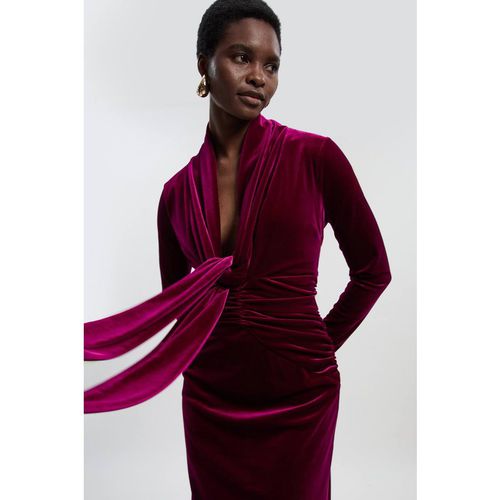 Karen Millen Women's Velvet Long Sleeve Wrap V Neck Maxi Dress in Magenta | : Mediu