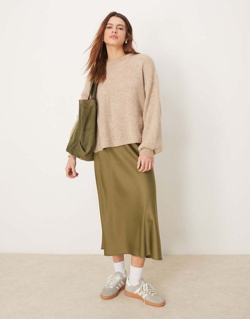 YAS satin midi skirt in olive green