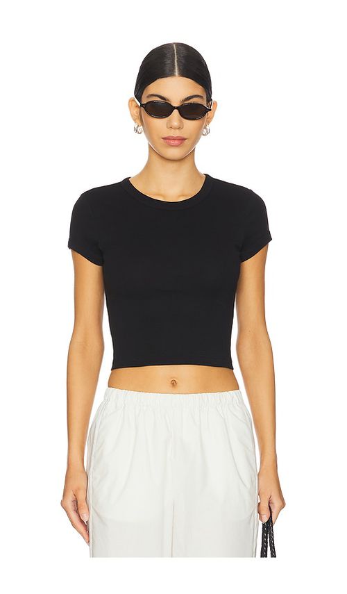 Enza Costa Supima Baby Rib Cropped Tee in Black - Black. XS also in