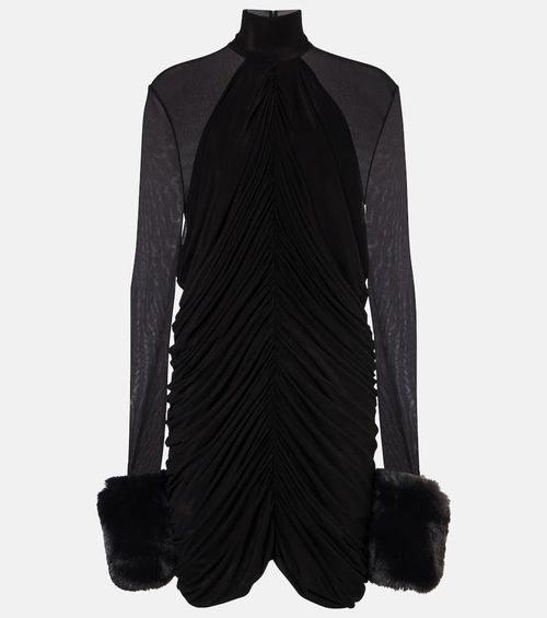 Gathered faux fur-trimmed mesh minidress