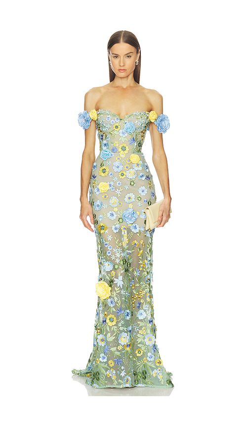 Bronx and Banco Portofino Floral Jasmine Off The Shoulder Gown in Teal. M. Also in L, S