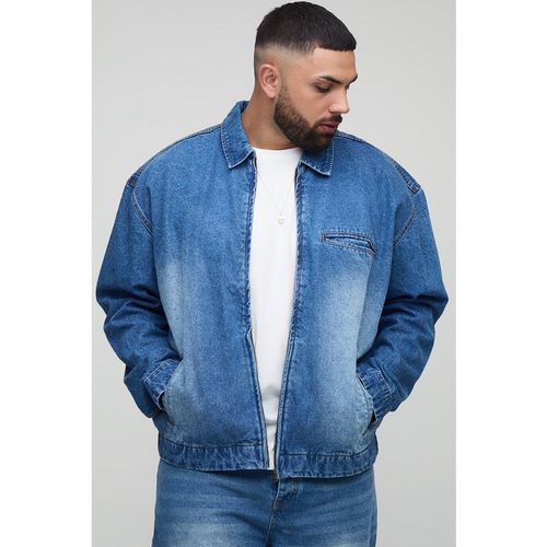 Mens Grey Plus Oversized Zip Up Denim Overshirt, Grey