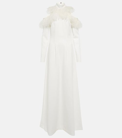 Bridal feather-trimmed crêpe gown