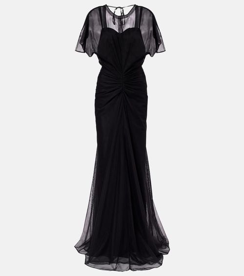 Bella gathered open back organza gown