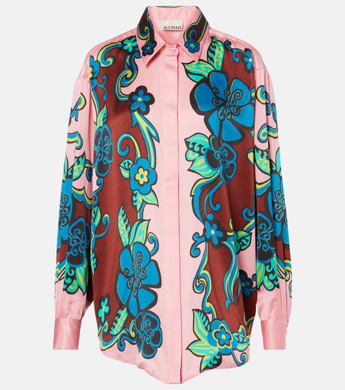 Alémais Floral puff-sleeve silk satin shirt