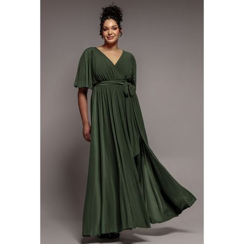 Goddiva Plus Wrap Front Maxi With Flutter Sleeves - Olive Green