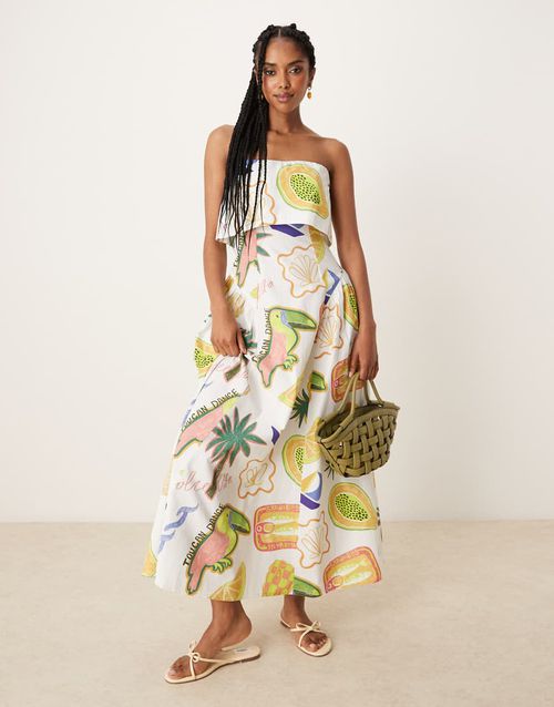 ASOS DESIGN fold over bandeau midi dress with godets in tropical conversational print-Multi