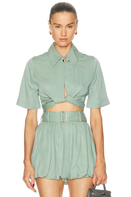 MATTHEW BRUCH Collared Wrap Top in Dusty Teal - Teal. 2 also , 4