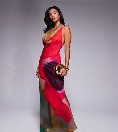 ASOS DESIGN Petite cowl plunge bias maxi dress in pink abstract print-Multi