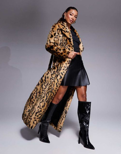 Maxi faux fur coat in leopard print-Brown