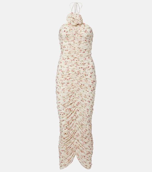 Floral-appliqué ruched midi dress