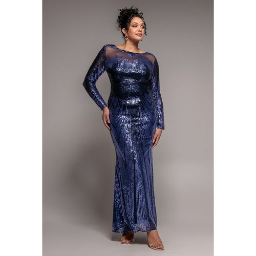 Goddiva Plus Long Sleeve Aztec Sequin Maxi Dress - Navy