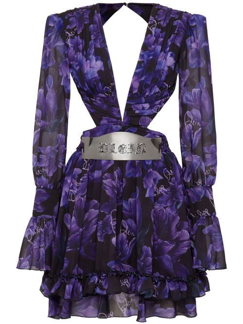 Floral-print chiffon mini dress - Black