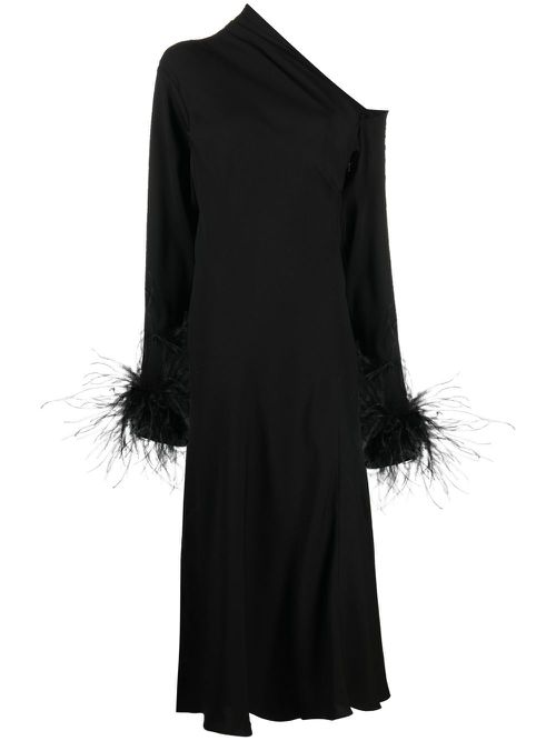 Feather-trim one-shoulder dress - Black