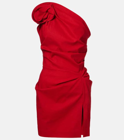 Floral-appliqué ruched one-shoulder minidress