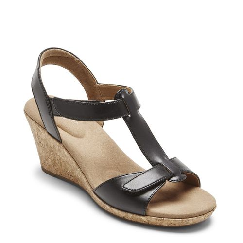 Women's Blanca T Strap Wedge Sandals (Black Leather)