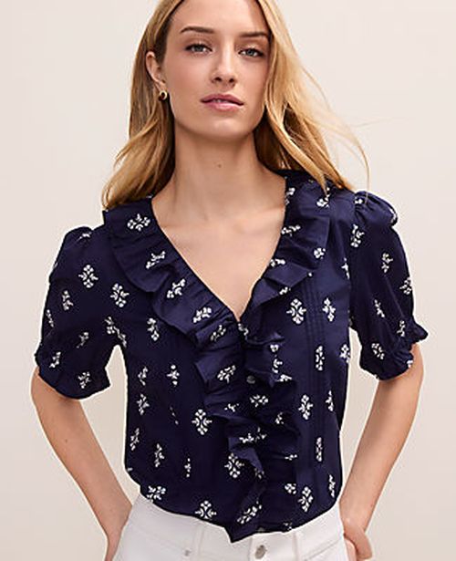 Ann Taylor Weekend Geo Ruffle Trim Blouse