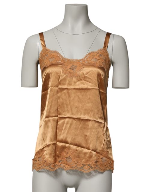 Floral Lace Silk Satin Tank Top — Brown