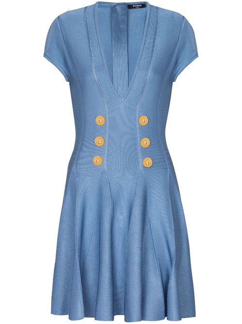 Embossed-buttons fine-knit dress - Blue