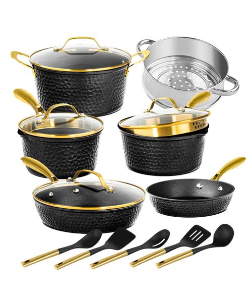 Charleston Collection 15-Piece Hammered Ceramic Coating Nonstick Cookware Set - Black