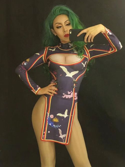 Jazz Dance Costume Women Print ong Sleeve Split Cutout Sexy Dresse