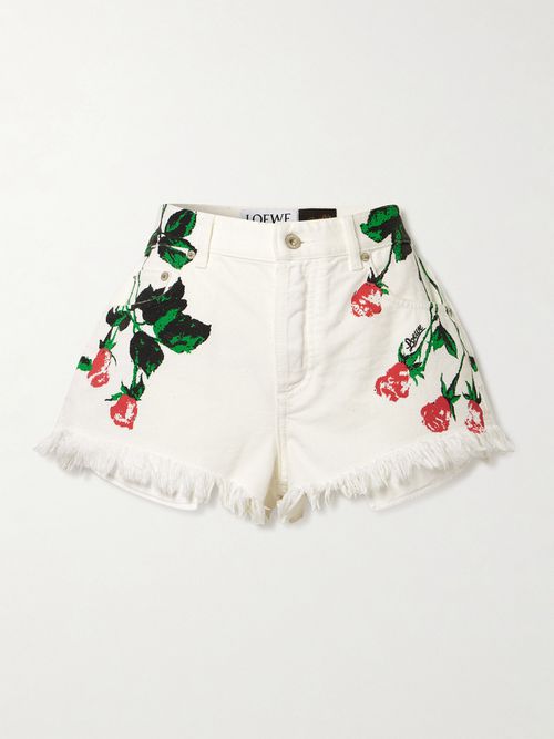 + Paula's Ibiza Frayed Floral-print Denim Shorts - White