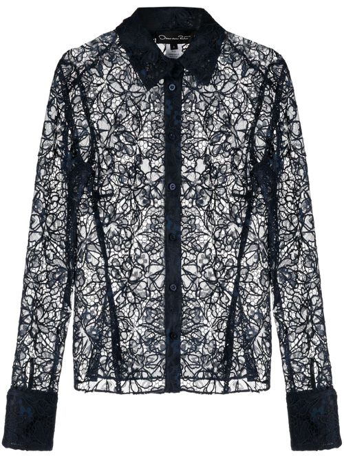 Floral-lace semi-sheer shirt - Blue