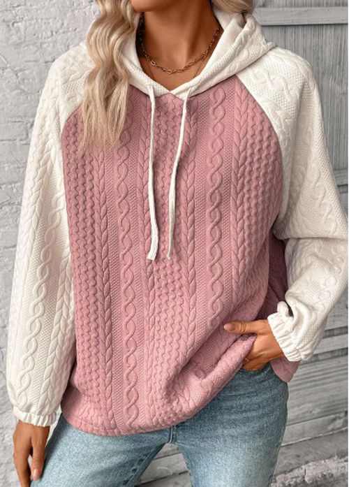 Modlily Pink Patchwork Long Sleeve Jacquard Hoodie