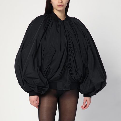 Draped black bomber jacket in technical micro-faille