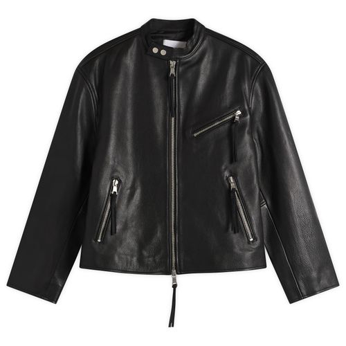 Men's Cropped Leather Racer Jacket Black