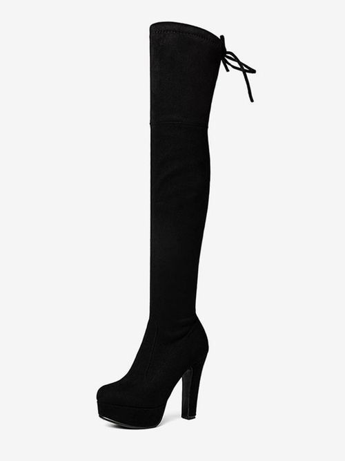 Platform Thigh High Boots Womens Micro Suede Almond Toe Chunky Heel Over The Knee Boot