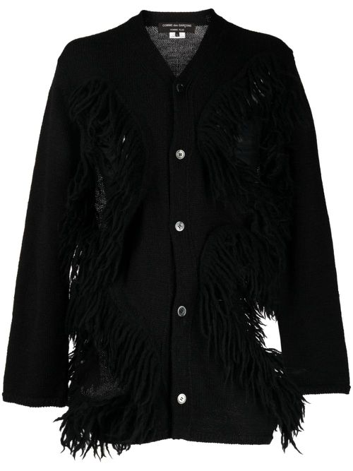 Fringed cut-out wool cardigan - Black