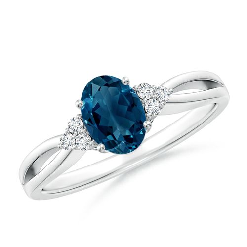 Angara 0.95 Carat Oval London Blue Topaz Split Shank Ring with Trio Diamonds in Silver
