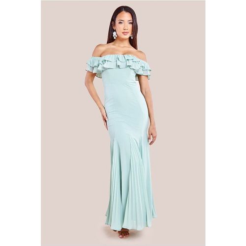 Goddiva Frilled Off The Shoulder Pleated Chiffon Maxi Dress - Sage Green