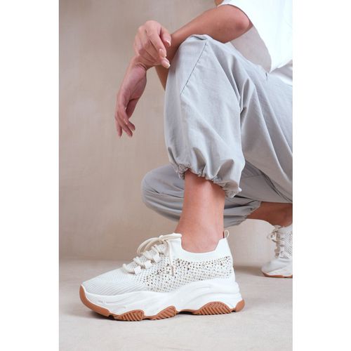 Where's That From Womens 'Advantage' Chunky Sole Mesh Knit Lace Up Trainers - Beige - Size UK 6