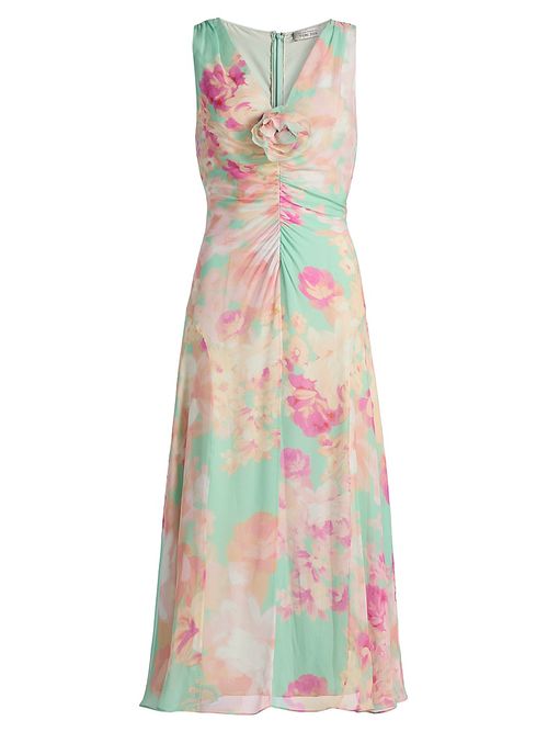 Women's Floral Silk Chiffon Ruched-Front Midi-Dress - Mint Multi