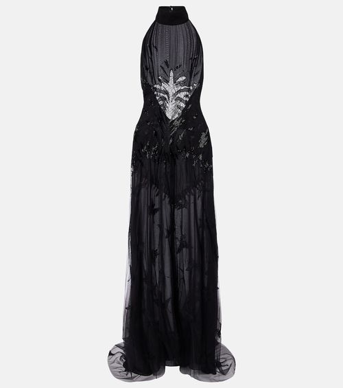 Embellished georgette and lace maxi dress