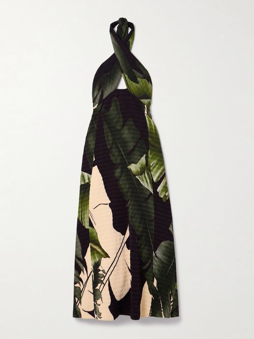 Elegant Expedition Printed Plissé-satin Halterneck Midi Dress - Green