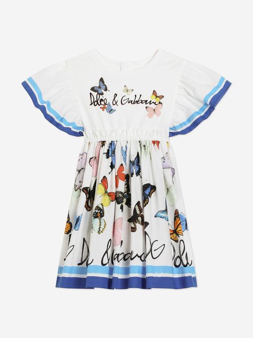 Girls Butterfly Print Dress in White