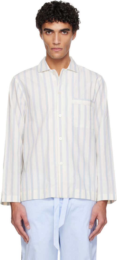 White & Blue Poplin Long-Sleeved Pyjama Shirt